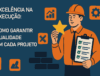 Imagem ilustrativa que representa a excelência na execução de projetos: profissionais de engenharia e arquitetura se reúnem em torno de uma mesa, analisando um modelo digital 3D que evidencia o uso de tecnologia avançada, planejamento estratégico e colaboração para transformar desafios em soluções inovadoras