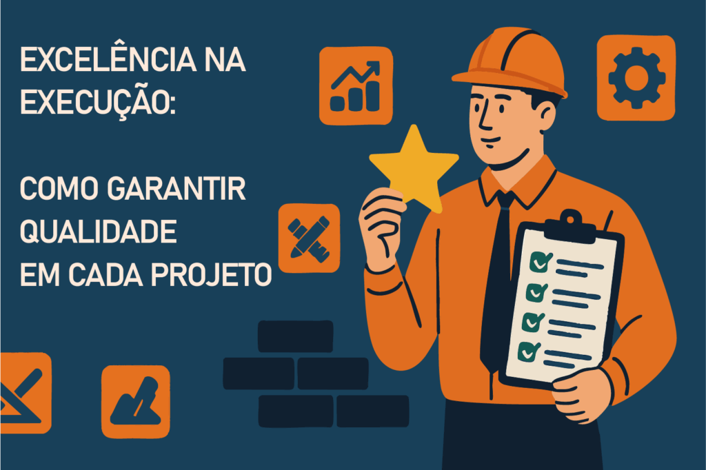 Imagem ilustrativa que representa a excelência na execução de projetos: profissionais de engenharia e arquitetura se reúnem em torno de uma mesa, analisando um modelo digital 3D que evidencia o uso de tecnologia avançada, planejamento estratégico e colaboração para transformar desafios em soluções inovadoras