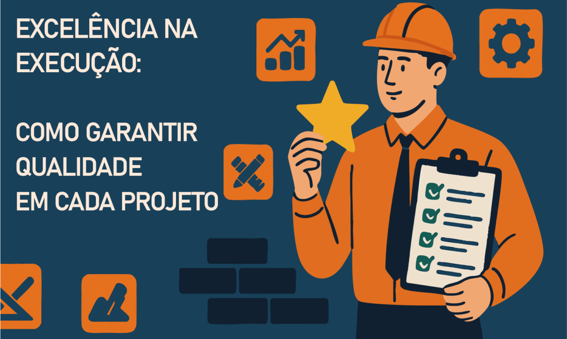 Imagem ilustrativa que representa a excelência na execução de projetos: profissionais de engenharia e arquitetura se reúnem em torno de uma mesa, analisando um modelo digital 3D que evidencia o uso de tecnologia avançada, planejamento estratégico e colaboração para transformar desafios em soluções inovadoras